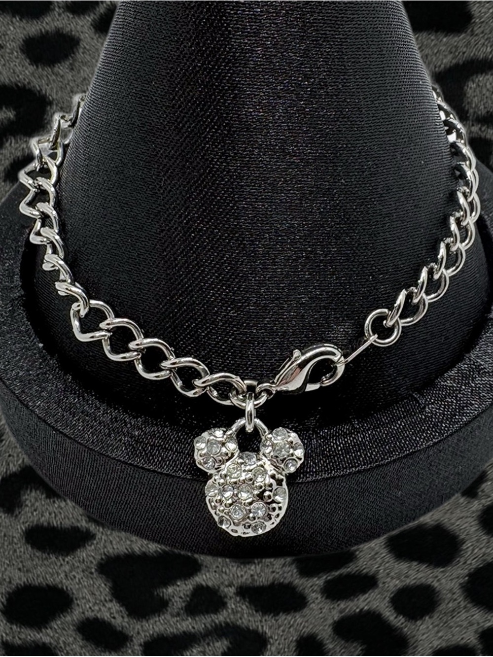 Disney Mickey Mouse Rhinestone Charm Silver-Tone Chain Bracelet / Anklet